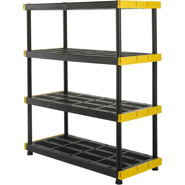 CX Black & Yellow®, 4-Tier Heavy Duty Plastic Storage Shelving Unit, 200lbs/shelf (55”H x 48”W x 20”D), for Indoor/Outdoor Organization, Modular Rack