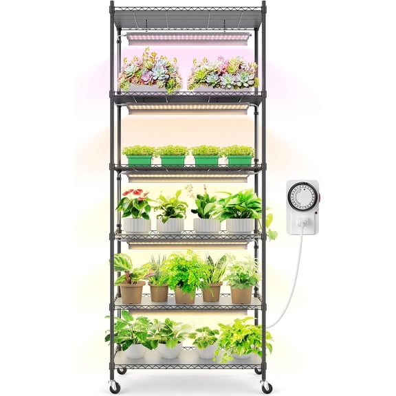 CX2 Plant Stand with Grow Lights 6-Tier Metal Plant Shelf Display Rack with 2FT 150W(5x30W) Full Spectrum Plant Light 3 Adjustable Spectrum Timer 29.5x13.8x71IN