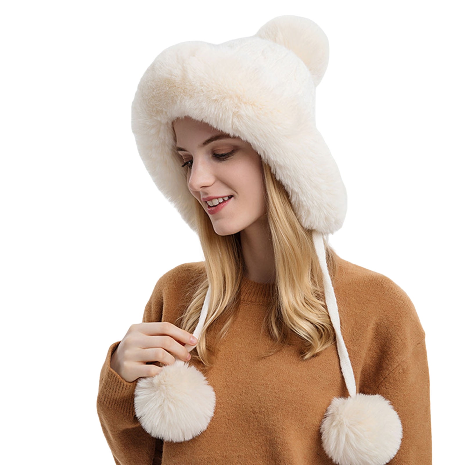 Women Outdoor Cold-proof Thicken Knitted Cap Pom Pom Ball Hats Faux Fur Beanies  Hat Winter Warm WHITE 