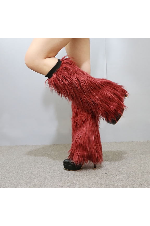 1 Pair Fuzzy Leg Warmers for Women Long Boots Shoes Cuff Cover Knee-length Autumn Winter Party Stage Performance Warm Plush Socks Wine