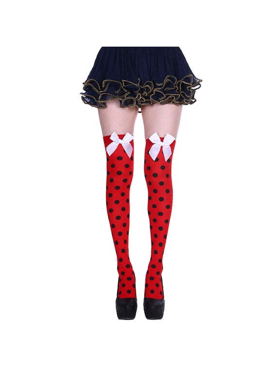 CXHEGBEJ 1 Pair Thigh High Stockings For Bowknot Over Knee Sock Long Socks Festival Halloween Goth Costume Tights Long Stocking Red Polka Dot&Pink Bowknot