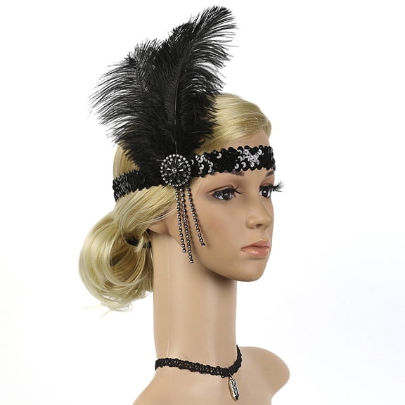 CXHEGBEJ 1920s Flapper Black Feather Headband For Women Flower Rhinestone Beaded Tassel Vintage Boho Hairband Turbante Hair Wrap Hair Accessories Headpiecefor Party Costume Wedding Black