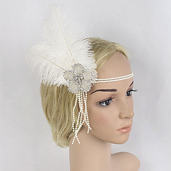 CXHEGBEJ 1920s Flapper White Feather Headband For Women Flower Rhinestone Beaded Tassel Vintage Boho Hairband Turbante Hair Wrap Hair Accessories Headpiecefor Party Costume Wedding White#2