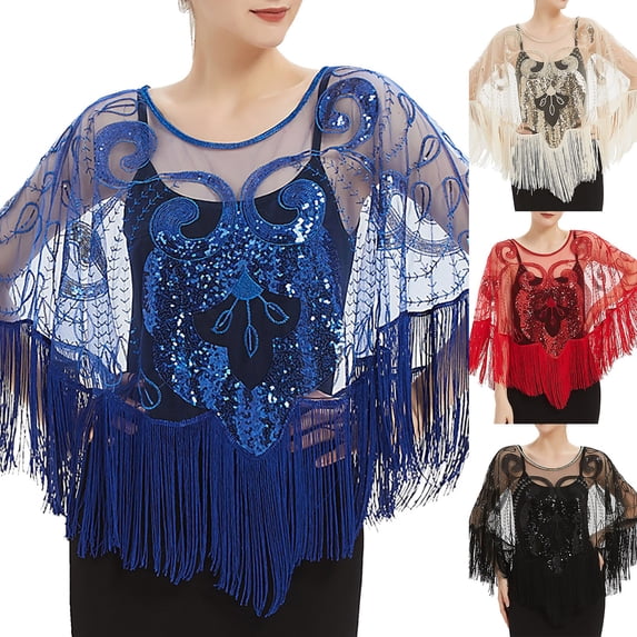 CXHEGBEJ 1920s Mesh Sequin Shawl Wrap for Women Wedding Bridal Cape Evening Gown Tassel Poncho 20s Fringed Flapper Scarf Casual Smock Cape Top Beige