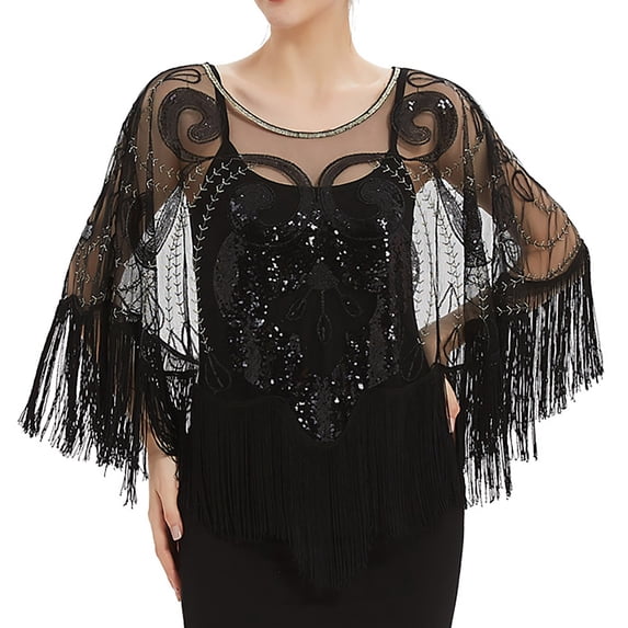 CXHEGBEJ 1920s Mesh Sequin Shawl Wrap for Women Wedding Bridal Cape Evening Gown Tassel Poncho 20s Fringed Flapper Scarf Casual Smock Cape Top Black