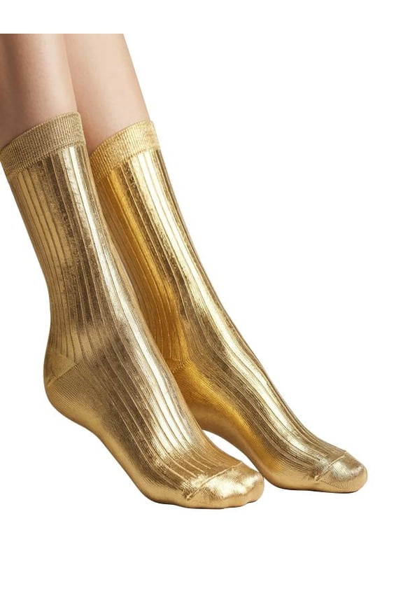 1Pair Solid Color Golden Metallic Silk Sock, Elegant Shiny Foil Glitter Ribbed Socks, Hand Wash/Dry for All Seasons, Unisex Both Women's and Men's for Party Prom Evening Themed Casual Attire