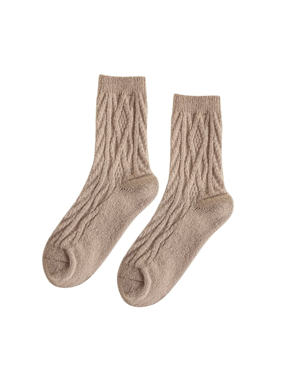 1Pair Textured Twist Cable Knit Crew Socks For Women Autumn Winter Warm Mid Tube Socks Plain Color Mid-Calf Casual Daily Socks Light Brown