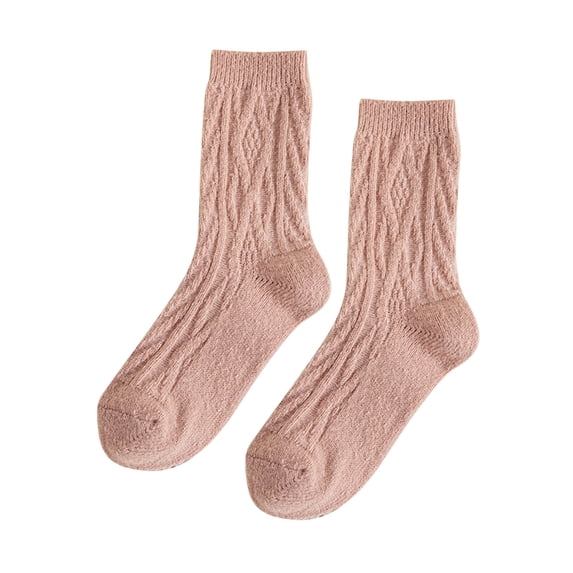 CXHEGBEJ 1Pair Textured Twist Cable Knit Crew Socks For Women Autumn Winter Warm Mid Tube Socks Plain Color Mid-Calf Casual Daily Socks Pink