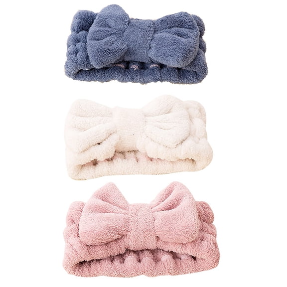 CXHEGBEJ 3 Pieces Bowtie Coral Fleece Headband for Women, Extrame Soft & Ultra Absorbent, Comfort to Wash Makeup Shower Facial Skincare Spa Thick Hair Band Blue&white&pink