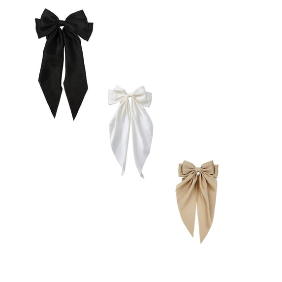 CXHEGBEJ 3pcs Large Bows 14inch Long For Womens Hair Big Bow Clip Scarf French Barrette With Long Silky Satin Ribbon Plain Color Bowknot Hairpin Hair Slides Headdress Black+White+Khaki