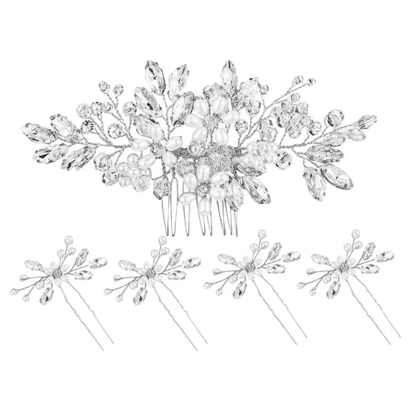 CXHEGBEJ 5Packs Rhinestone Crystal Pearl Comb For Women, Headpiece Flower Hair Side Comb, Hair Clips for Wedding Brides, Reception Cosplay Princess Party Favors Birthday Gift Silver