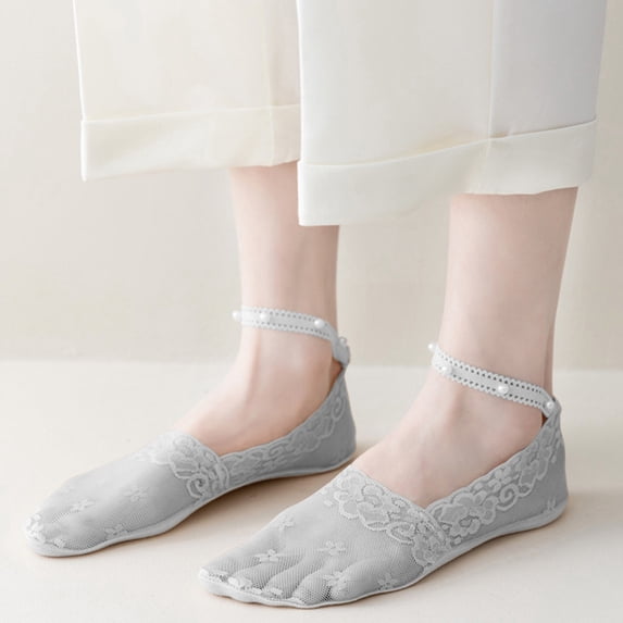 CXHEGBEJ Ankle Mesh Socks with Pearl Frill Strap for Women 1 Pair Lace Sheer Socks Breathable Lightweight Summer Non Slip Ankle Socks Grey