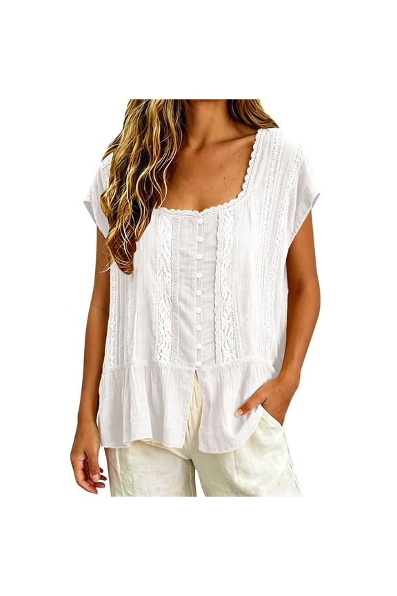 Boho Lace Trim Top For Women Summer Flowy Button Down Square Neck Cap Sleeve Cardigan Loose Fit Blouses Overcoat Vacation Y2k Clothes White