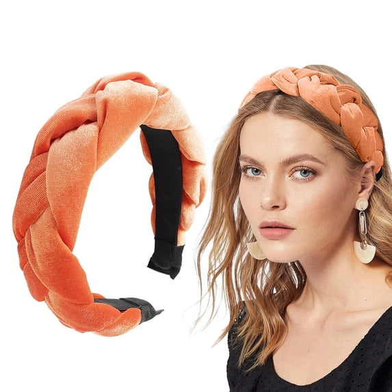 CXHEGBEJ Braided Hair Band For Women Velvet Braided Headband Female Fluffy No-Slip Wide Vintage Padded Head Hoop Headwear Headdress Casual Daily Wear Headpiece Orange