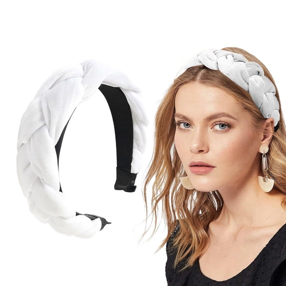 CXHEGBEJ Braided Hair Band For Women Velvet Braided Headband Female Fluffy No-Slip Wide Vintage Padded Head Hoop Headwear Headdress Casual Daily Wear Headpiece White