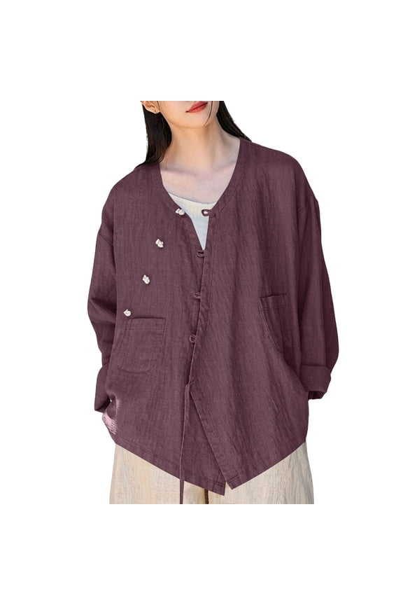 Cotton Linen Chinese Style Cardigan Tops for Women Frog Button Irregular Blouse Long Sleeve Casual Jacket Shirt Purple