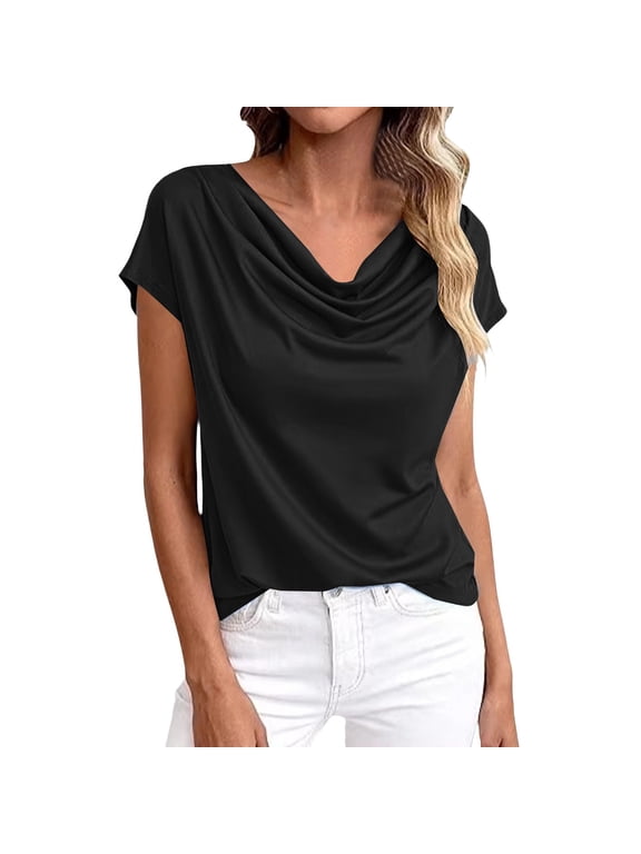 Cowl Draped Neck Tops For Women Oversized Cap Sleeve T-Shirt Satin Stretchy Soft Casual Office Blouse Tee Work Holiday Pullover Black 5XL