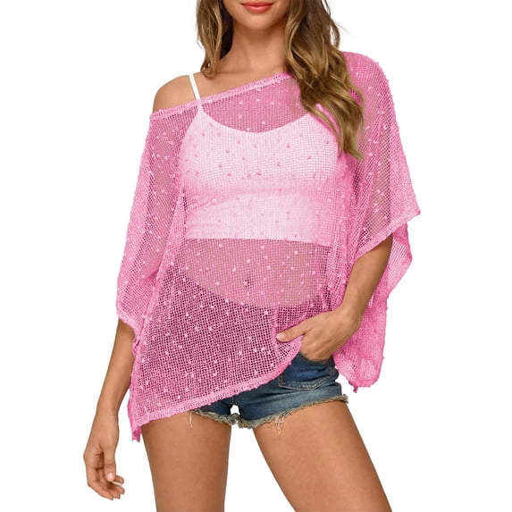 CXHEGBEJ Crochet Knit Shawl Wrap For Women Mesh Sheer Cape Poncho Off Shoulder Batwing Sleeve Pullover Top Capelets Asymmetrical Sweater Cover Up Beachwear Pink