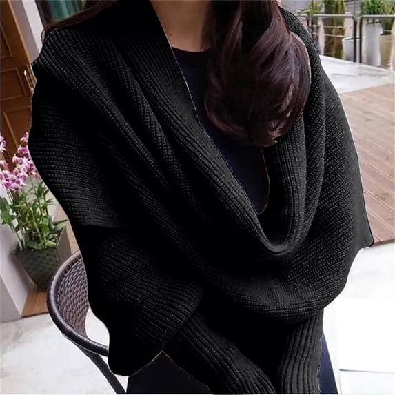 CXHEGBEJ Cropped Sweaters Scarf with Long Sleeves for Women Cozy Cable Knitted Wrap Sweater Wraps Shawls Winter Warm Crochet Ponchos Cape Blanket Pullover Tops Black