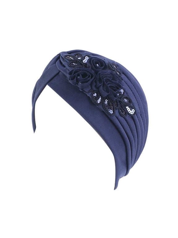 Fabric Floral Sequin Turban Hat For Women Cancer Head Wrap Elastic Head Scarf Hat Sleep Muslim African Women Bonnet Cap Daily Chemo Soft Stretch Hair Cover Navy