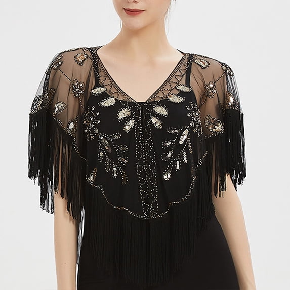 CXHEGBEJ Floral Beaded Mesh Fringe V-Neck Wrap Shawl for Women Vintage Sequined Tulle Short Evening Cover Up Topper Tassel 20s Flapper Scarf Smock Cape Top Gold