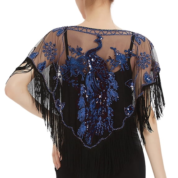 CXHEGBEJ Floral Beaded Mesh Fringe V-Neck Wrap Shawl for Women Vintage Sequined Tulle Short Evening Cover Up Topper Tassel 20s Flapper Scarf Smock Cape Top Blue