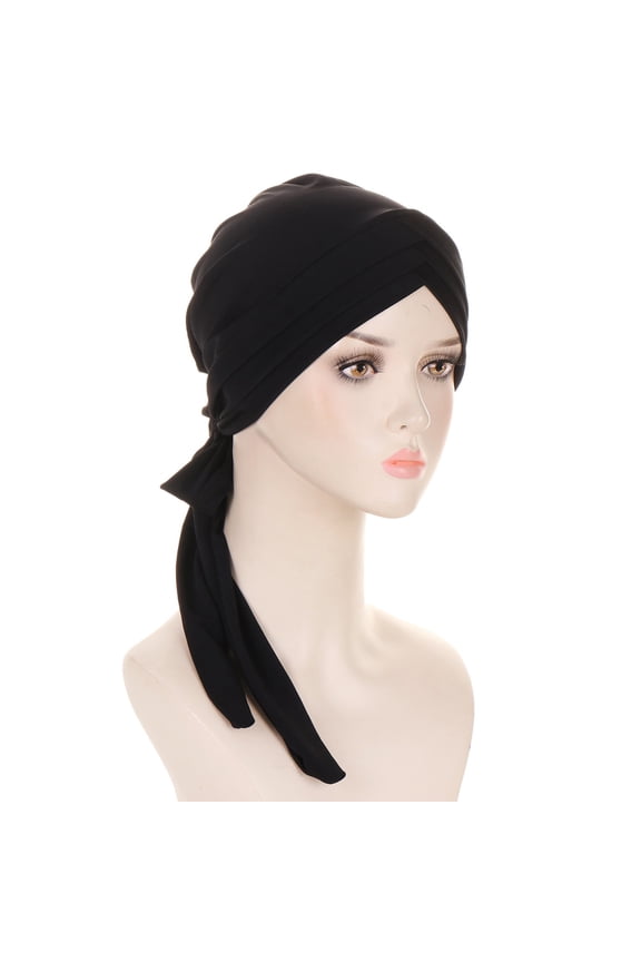 Forehead Triple Headwrap For Women Headscarf Elastic Long Tail Tie Hat Breathable Ladies Head Wrap Adjustable Turban Cap For Spa Daily Hair Loss Alopecia Chemo Black