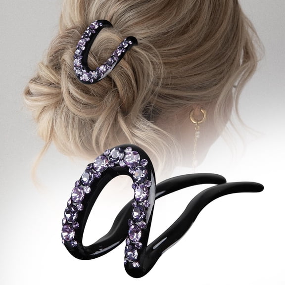 CXHEGBEJ French Hair Pins for Women U Shape Hair Fork Elegant Hair Barrette Comb Rhinestones Decorative Hair Pins Stick for Ladies Buns Fashion Hair Accessories Purple