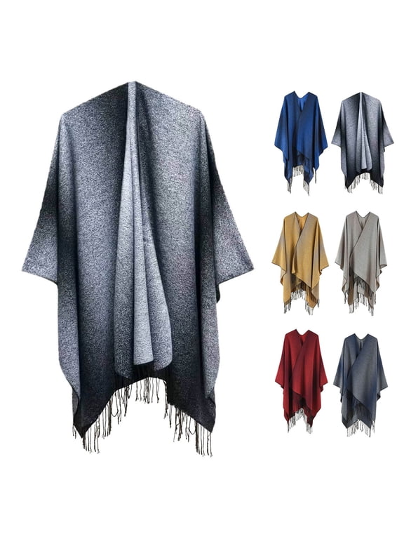 Gradient Color Shawl Wrap for Women Ponchos Cape Scarf Fall Winter Cloak Shawl Cardigan With Tassel Oversized Scarves Winter Windproof Warm Cover Up Black