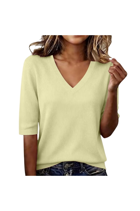 Half Sleeve Tops For Women Summer Thread Neck Basic Tee Shirt Casual Lightweight Tshirts Blouse Yellow V Neck 2XL