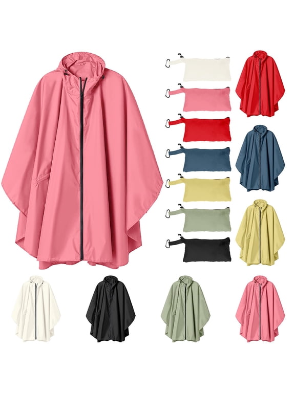 Hooded Zipper Rain Poncho For Women Men Shawl Wrap Waterproof Lightweight Cardigan Tops Capelets Bat Sleeve Raincoat Cape for Unisex Adults Outdoor Travel Commute Black