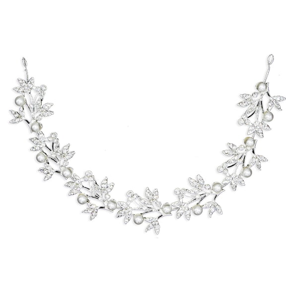 CXHEGBEJ Imitation Pearl Rhinestone Thin Metal Headband For Women Boho Hair Hoop Hairband With Ribbon Headwrap Headpiece for Bridal Cocktail Bridesmaid Silver