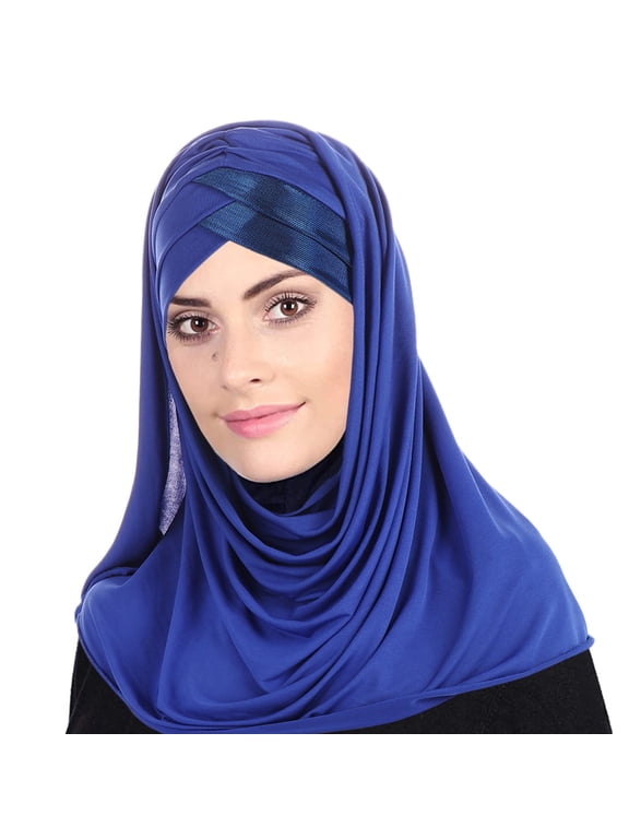 Instant Hijab for Women Shiny Ribbon Patchwork Stretchy Muslim Head Long Scarfs Wrap Full Cover Lightweight Islamic Head Wrap Neck Coverings Daily Prayer Blue