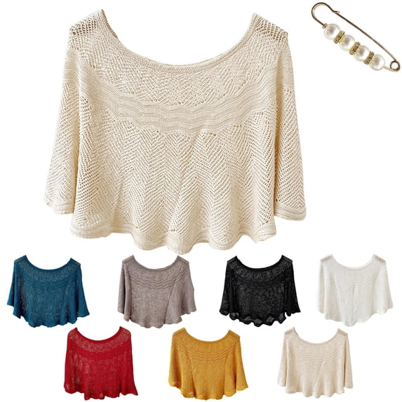 CXHEGBEJ Knitted Sun-Proof Ice Silk Shawl for Women Summer Hollow-Out Knit Shawl Wraps Pullover Top Shoulder Wrap Shrug Cover Up Outfit with Pearl Clip Gift Beige