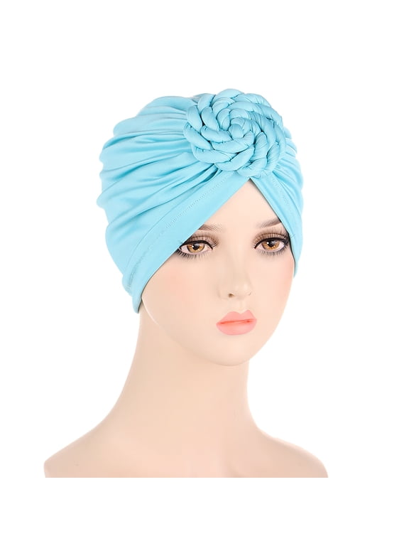 Knotted Turban Cap for Women African Turban Pre-Knotted Beanie Headwraps Bohemian Hair Covers Bonnet Chemo Cap Cancer Hair Loss Hat Sky Blue