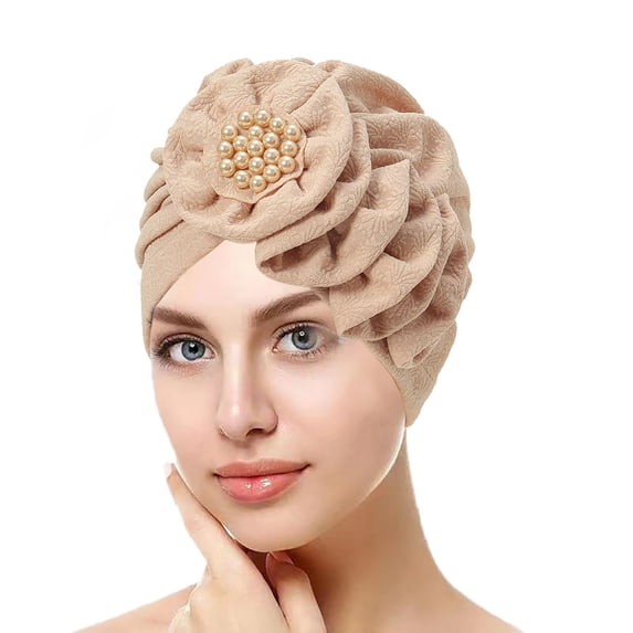 CXHEGBEJ Layered Flower Ruched Turban Hat For Women Headwrap Bonnet Muslim Headband Headscarf Islamic with Pearl Decor Turbante Bandana Hat Chemo Beanie Cap Textured Head Covering Khaki
