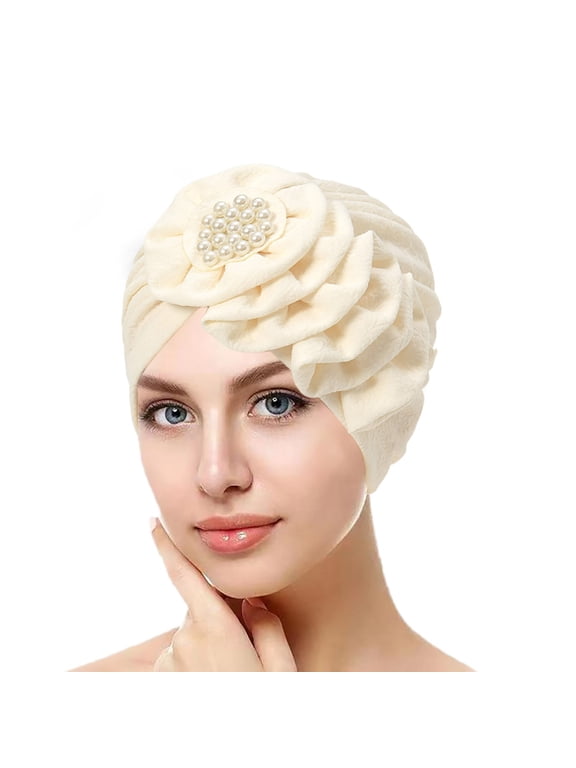 Layered Flower Ruched Turban Hat For Women Headwrap Bonnet Muslim Headband Headscarf Islamic with Pearl Decor Turbante Bandana Hat Chemo Beanie Cap Textured Head Covering White