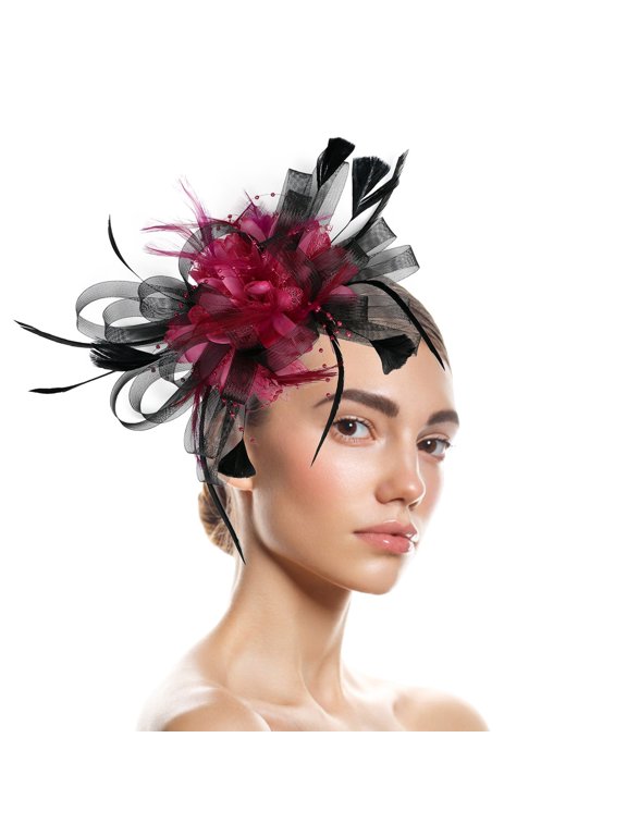 Mesh Belt Feather Headwear Race Derby Fascinators for Women Tea Party Hat Headbands Ball Wedding Cocktail Flower Church Hats Black&Hot Pink