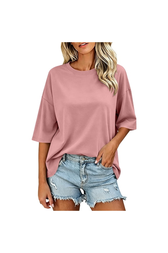 Overcut Shoulders Half Sleeve Boxy Tops For Women Summer Oversized T Shirts Crew Neck Loose fit Plain Color Blouse Tee Shirt Pink