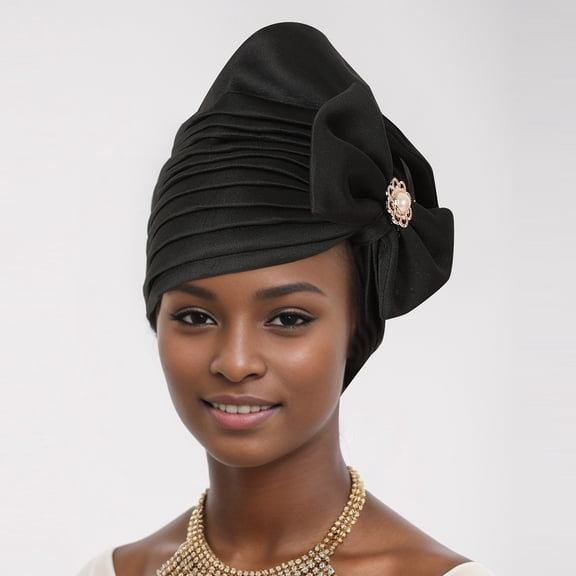 CXHEGBEJ Pleated Turban Head Wraps for Black Women Stretchy Head Scarf African Hair Wraps For Locs Dreads Head Wrap Jersey Pearl Bow Decor Headbands Black