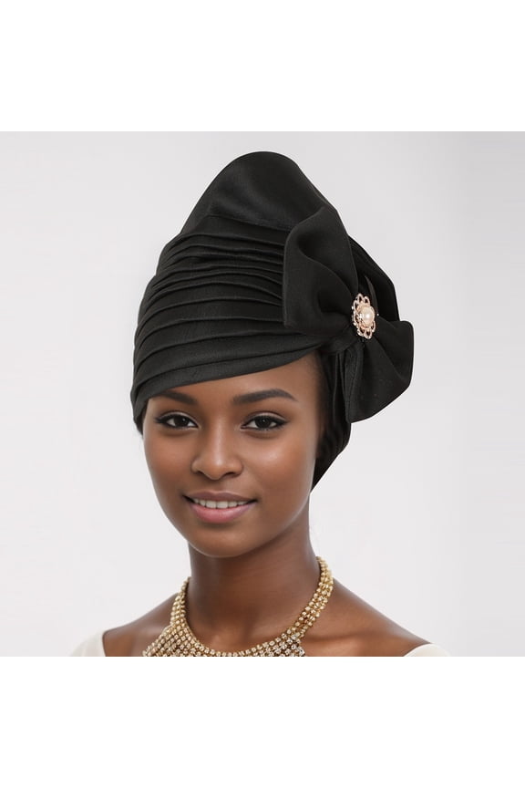 Pleated Turban Head Wraps for Black Women Stretchy Head Scarf African Hair Wraps For Locs Dreads Head Wrap Jersey Pearl Bow Decor Headbands Black