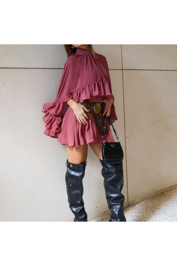 Ruffle Hem Chiffon Shawl Wrap For Women Mesh Sheer Cape Poncho Mock Neck Pullover Top Capelets for Formal Evening Dress Shawl Wraps Cover Up Wedding Party Red