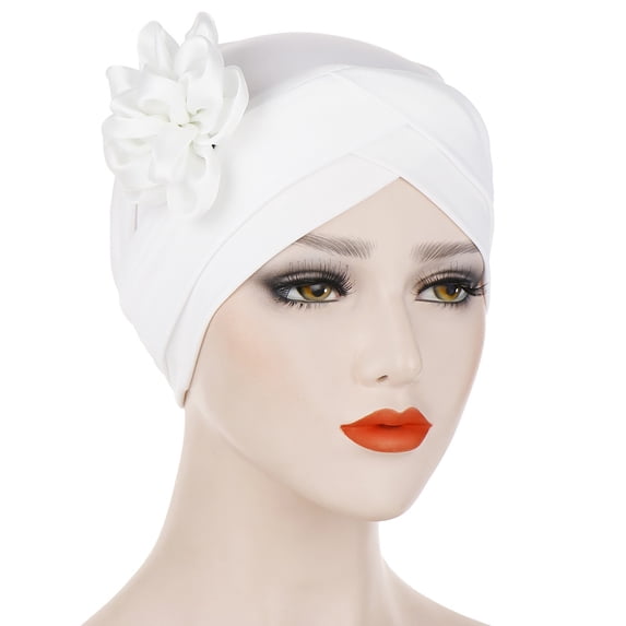 CXHEGBEJ Satin Floral Twisted Turban Hat For Women Headwrap Bonnet Muslim Headband African Turban Hat Islamic High Elastic Turbante Bandana Hat Chemo Beanie Cap White