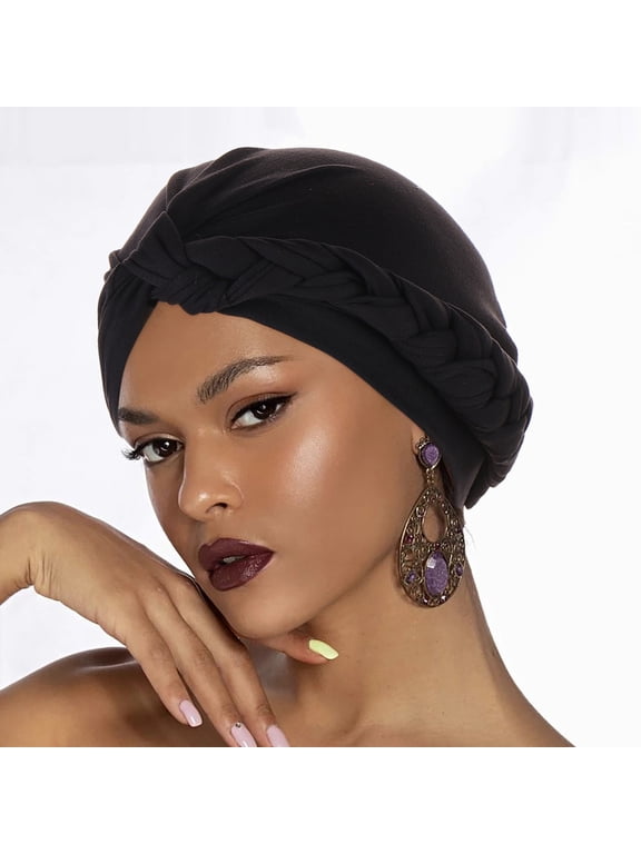 Side Braid Turban Cap Knot For Women Ethnic Muslim Hijab Cancer Head Wrap Scarfs Chemo Headwear Hat Sleep Cap Cancer Hair Covers Head Coverings Black