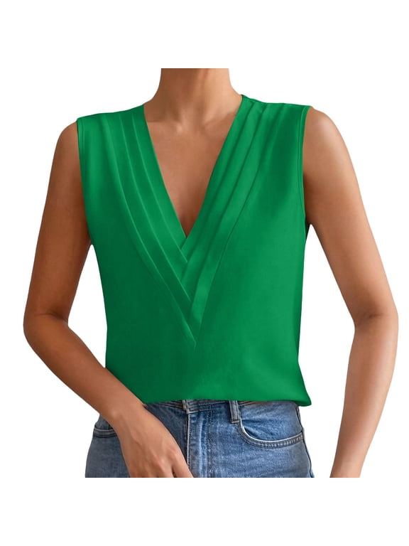 Sleeveless Chiffon Tank Tops for Women Summer Camisole Triple V-neck T Shirts Business Office Vest Blouse Outfits Green