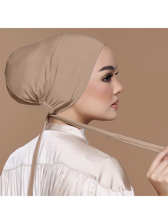 Soft Hijab Caps Muslim Stretch Turban Cap for Women Plain Color Islamic High Elastic Neck Cover Bonnet Hat Headband Turbante Back Pleated Bandana Hat with Tie-Back Closure Khaki