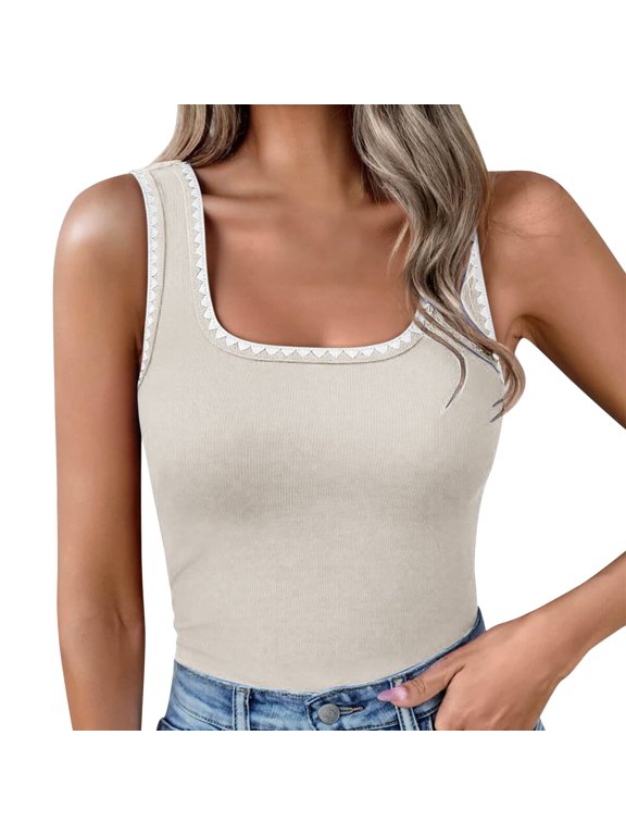 Square Neck Color Block Ribbed Tank Tops For Women Summer Sleeveless Camisole Tee Shirts Casual Slim Fit Blouse Vest Khaki