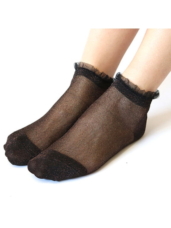 Summer Women Lace Ruffle Sheer Socks 1Pair Glitter Mesh Transparent Short Stockings See Through Nylon Ankle Socks Black