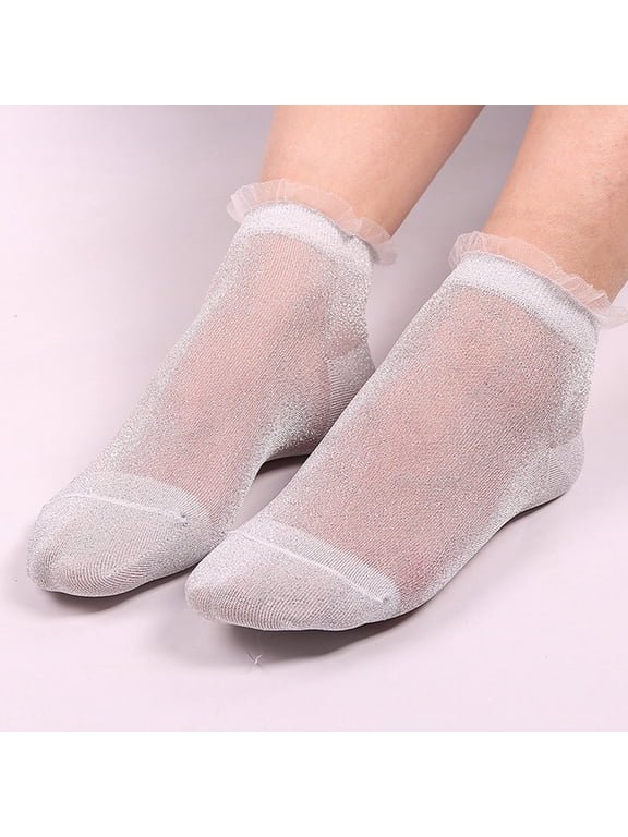 Summer Women Lace Ruffle Sheer Socks 1Pair Glitter Mesh Transparent Short Stockings See Through Nylon Ankle Socks Silver