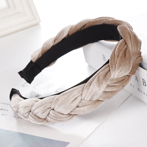 CXHEGBEJ Velvet Braid Wide Padded Headband for Women Non Slip Hair Hoop Elegant Hair Bands Hair Wrap For Daily Office Party Facial Hair Accessories Khaki
